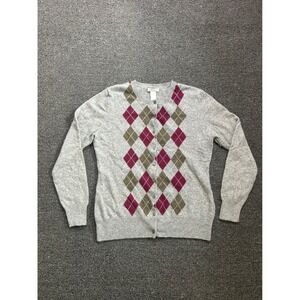 Tweeds 2-Ply Cashmere Cardigan Gray Argyle Plaid Womens Large Button Front Soft